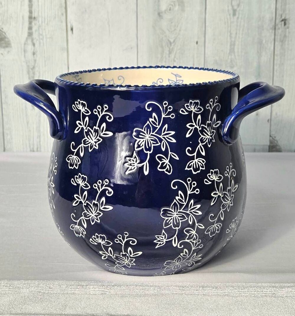 Temp-tations By Tara Blue Floral Lace Ceramic Utensil Crock Soup Pot